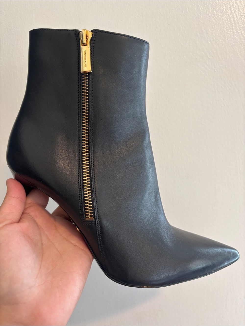 Michael Kors Black Leather Pointed Ankle Boot with Gold Zip Detail